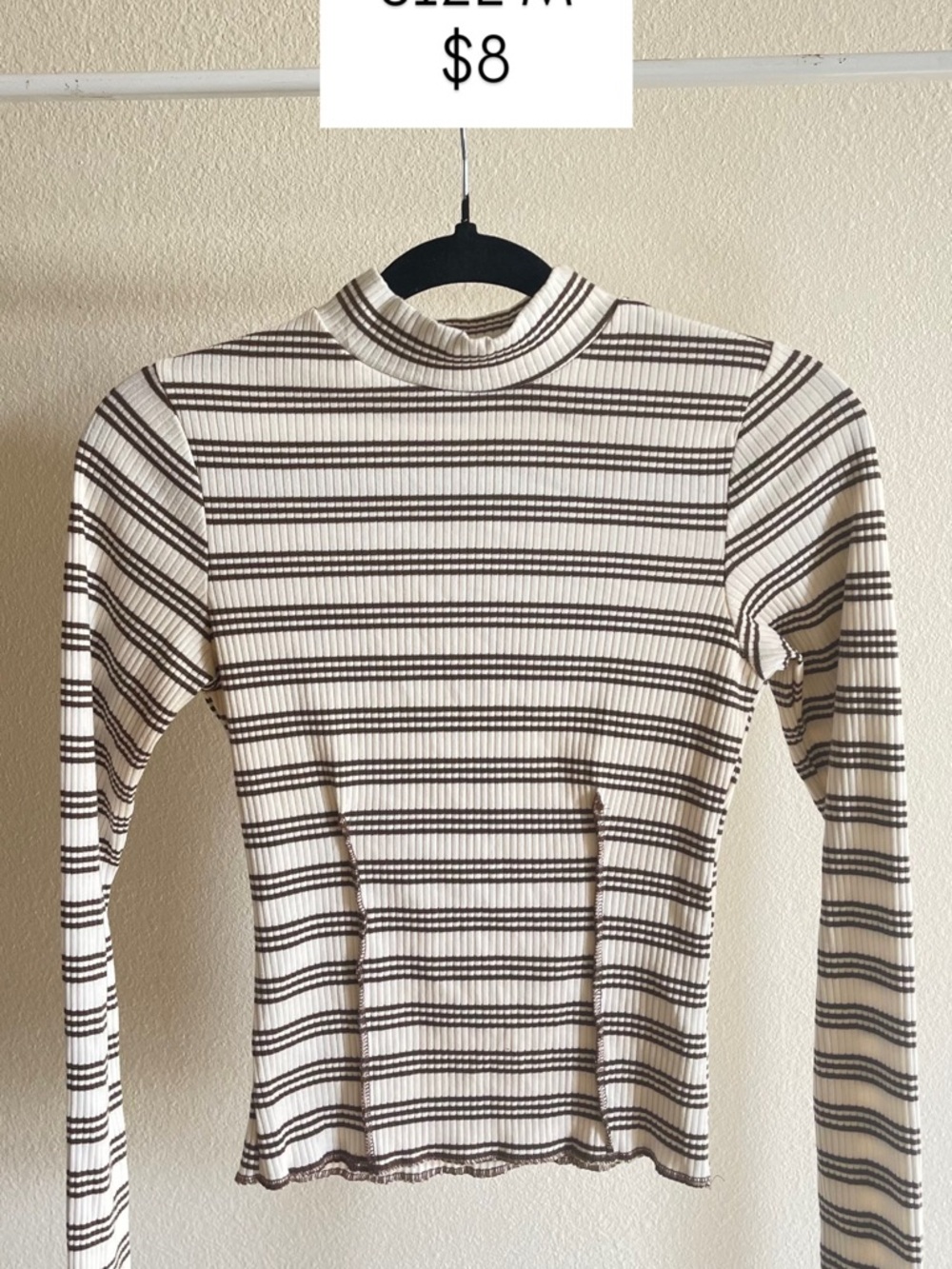 Striped Mock Neck Long Sleeve Top - Cream & Brown